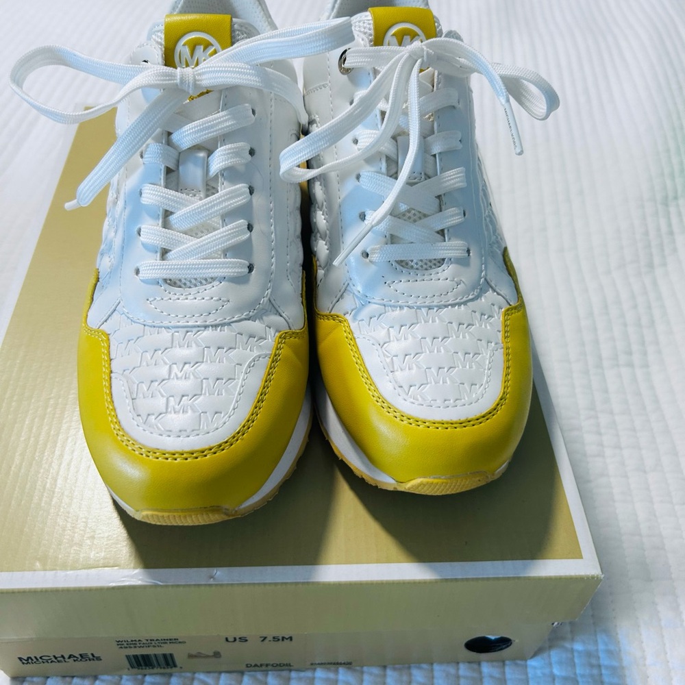 Michael Kors White and Yellow Lace-Up Sneakers